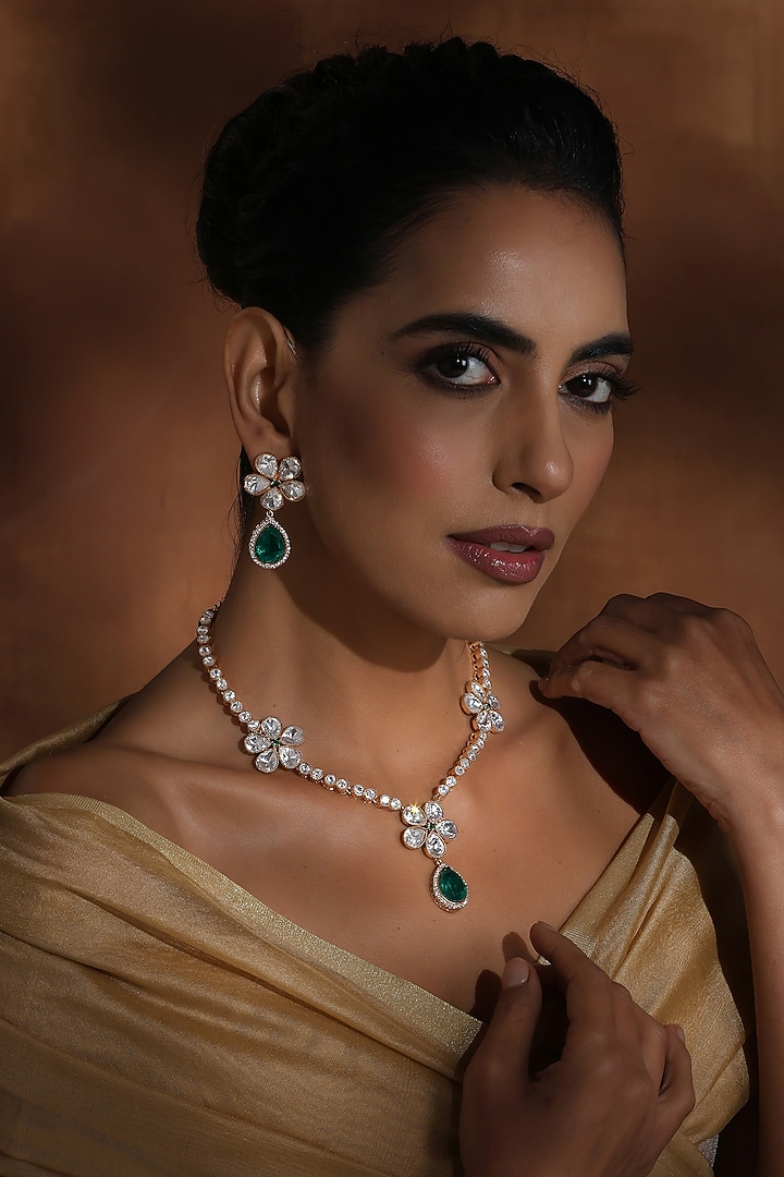 Rose Gold Finish Green Kundan Polki Handmade Long Necklace Set by Swabhimann Jewellery at Pernia's Pop Up Shop