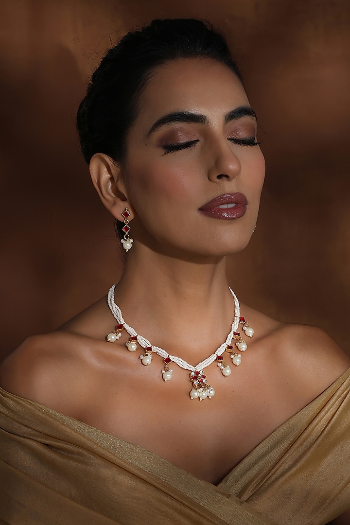 Rose Gold Finish Red Kundan Polki Handmade Necklace Set by Swabhimann Jewellery at Pernia's Pop Up Shop