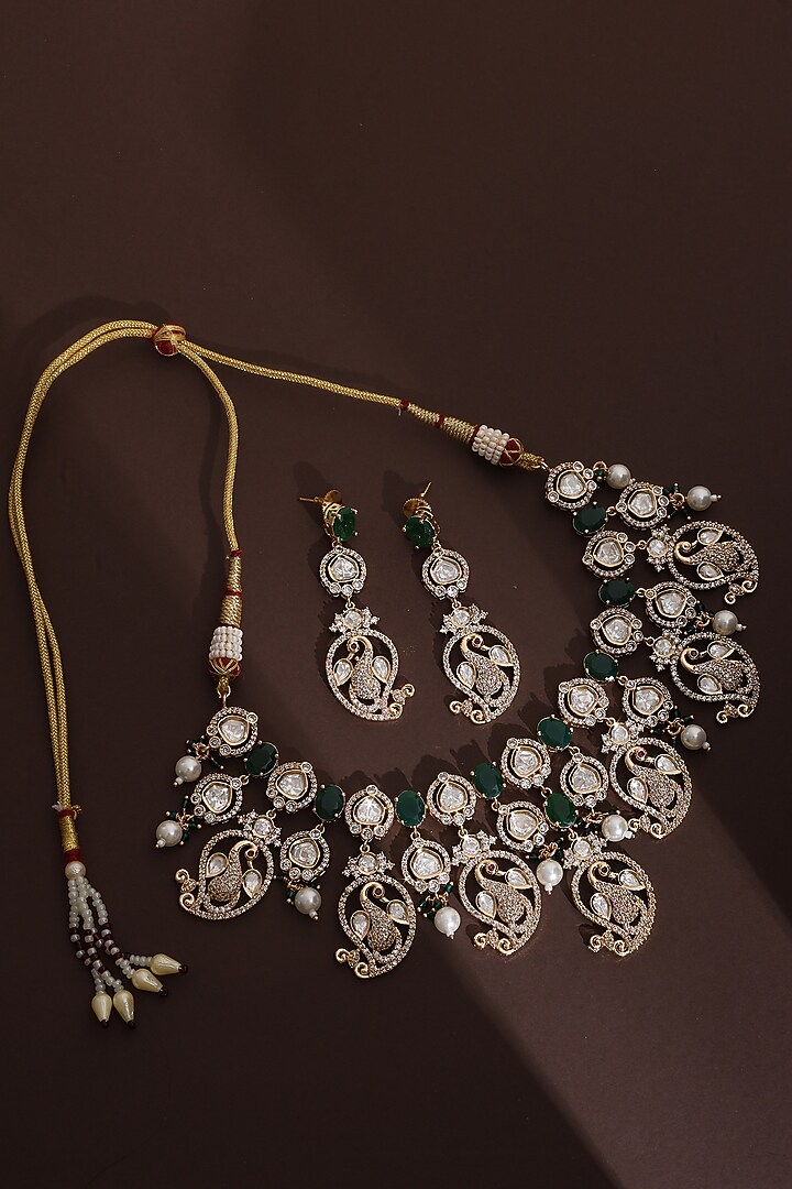 Rose Gold Finish Green Kundan Polki Handmade Necklace Set by Swabhimann Jewellery at Pernia's Pop Up Shop