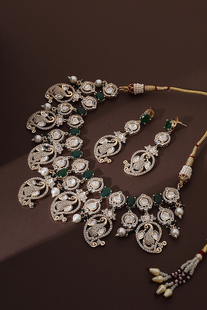 Rose Gold Finish Green Kundan Polki Handmade Necklace Set by Swabhimann Jewellery at Pernia's Pop Up Shop