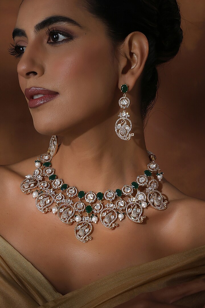Rose Gold Finish Green Kundan Polki Handmade Necklace Set by Swabhimann Jewellery at Pernia's Pop Up Shop