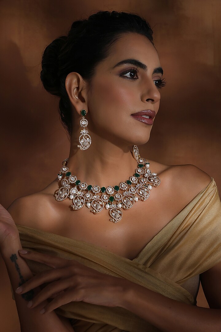 Rose Gold Finish Green Kundan Polki Handmade Necklace Set by Swabhimann Jewellery at Pernia's Pop Up Shop