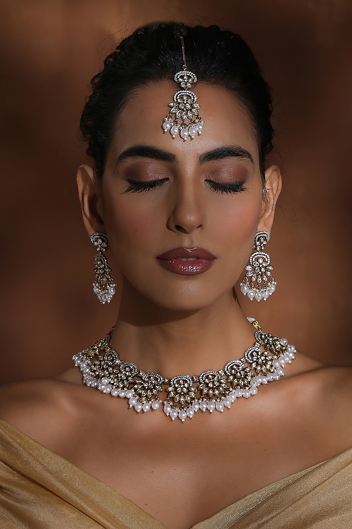 Rose Gold Finish White Kundan Polki Handmade Necklace Set by Swabhimann Jewellery at Pernia's Pop Up Shop