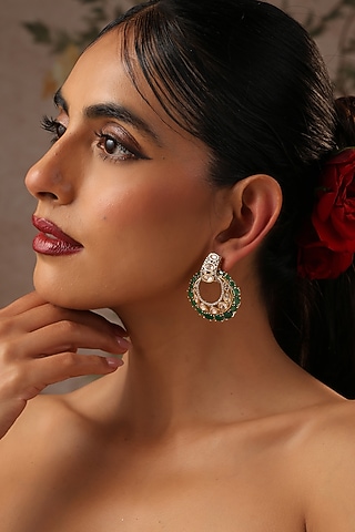 Rose Gold Finish Green Kundan Polki Chandbali Earrings by Swabhimann Jewellery