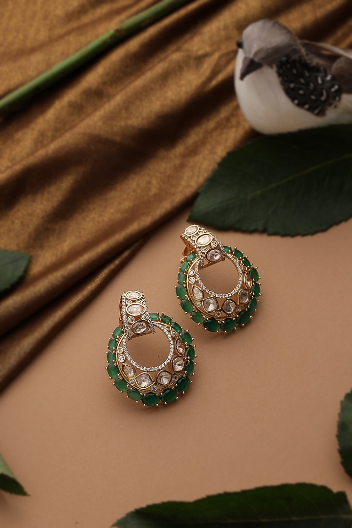 Rose Gold Finish Green Kundan Polki Chandbali Earrings by Swabhimann Jewellery at Pernia's Pop Up Shop