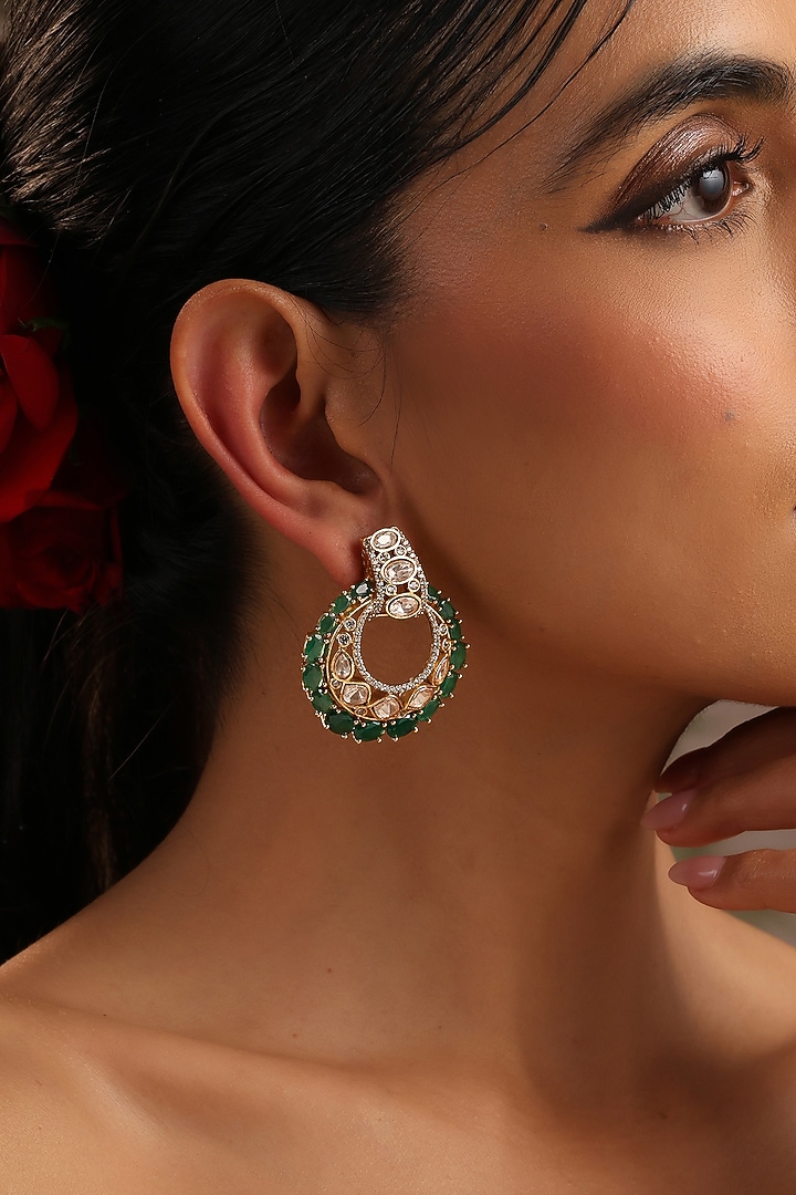 Rose Gold Finish Green Kundan Polki Chandbali Earrings by Swabhimann Jewellery at Pernia's Pop Up Shop