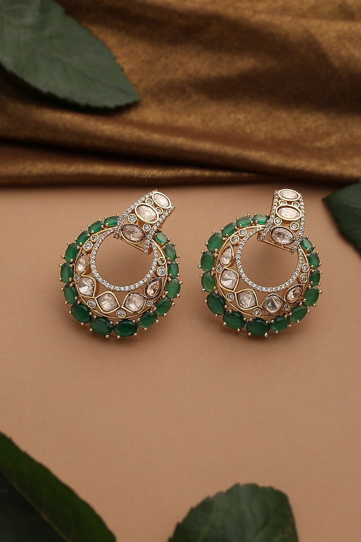 Rose Gold Finish Green Kundan Polki Chandbali Earrings by Swabhimann Jewellery at Pernia's Pop Up Shop