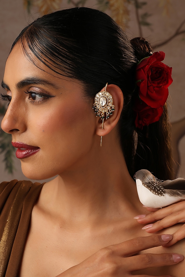 Gold Finish Green Kundan Polki Cuff Earrings by Swabhimann Jewellery at Pernia's Pop Up Shop