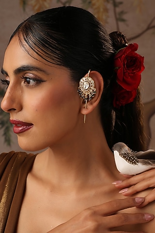 Gold Finish Green Kundan Polki Cuff Earrings by Swabhimann Jewellery