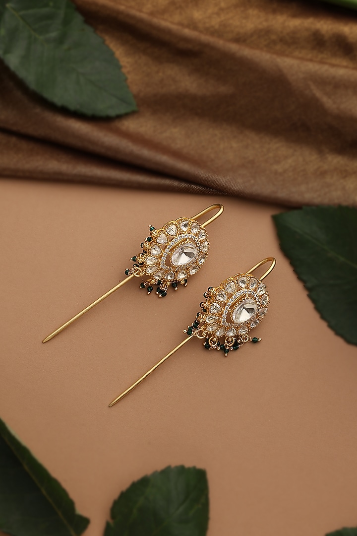 Gold Finish Green Kundan Polki Cuff Earrings by Swabhimann Jewellery at Pernia's Pop Up Shop