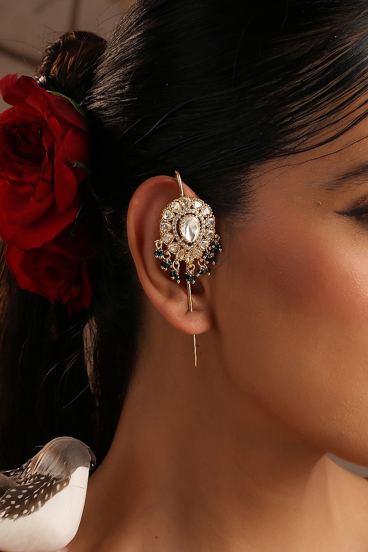 Gold Finish Green Kundan Polki Cuff Earrings by Swabhimann Jewellery at Pernia's Pop Up Shop