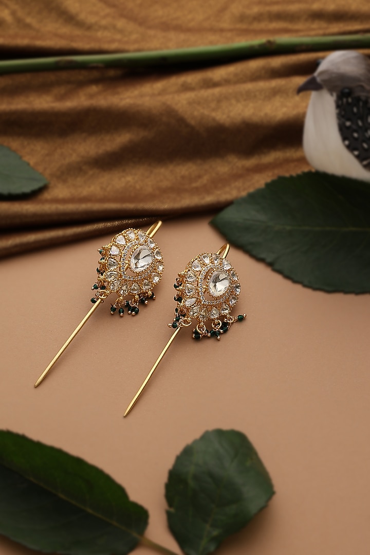 Gold Finish Green Kundan Polki Cuff Earrings by Swabhimann Jewellery at Pernia's Pop Up Shop