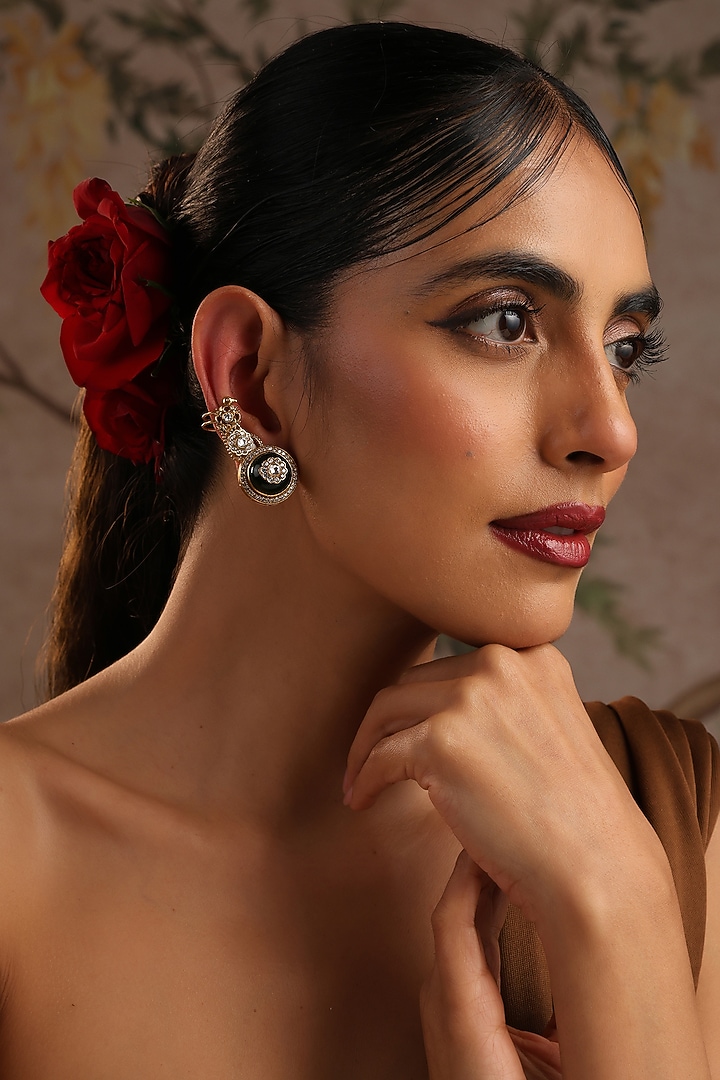 Gold Finish Green Kundan Polki Cuff Earrings by Swabhimann Jewellery at Pernia's Pop Up Shop