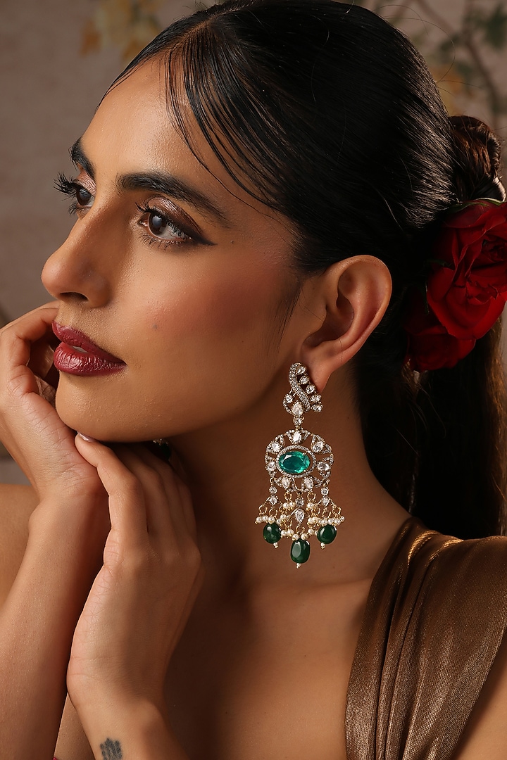 Gold Finish Emerald Green Kundan Polki Dangler Earrings by Swabhimann Jewellery at Pernia's Pop Up Shop