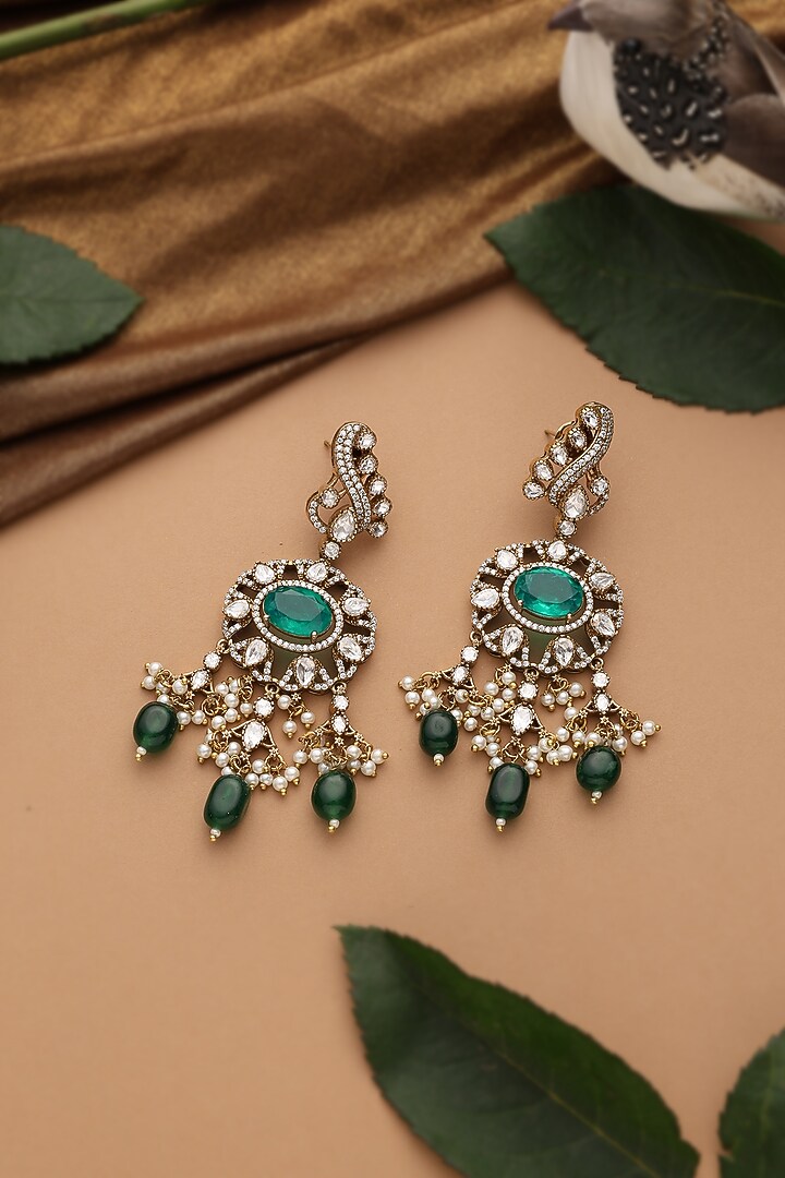 Gold Finish Emerald Green Kundan Polki Dangler Earrings by Swabhimann Jewellery at Pernia's Pop Up Shop