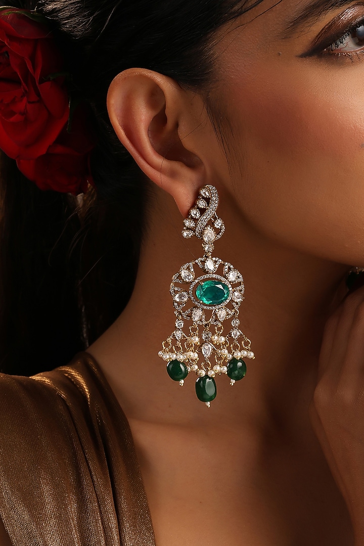 Gold Finish Emerald Green Kundan Polki Dangler Earrings by Swabhimann Jewellery at Pernia's Pop Up Shop