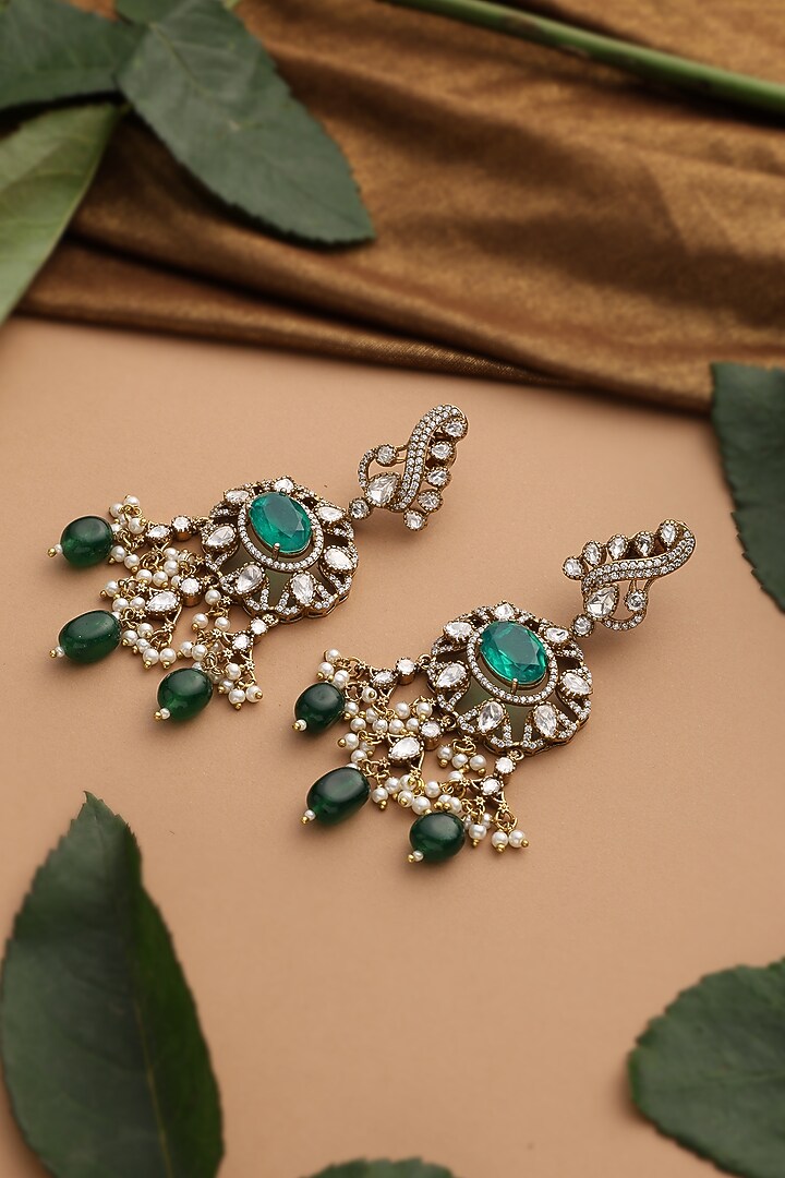 Gold Finish Emerald Green Kundan Polki Dangler Earrings by Swabhimann Jewellery at Pernia's Pop Up Shop