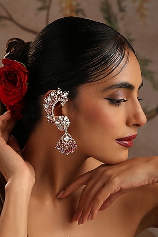 Rose Gold Finish Red Kundan Polki Cuff Earrings by Swabhimann Jewellery