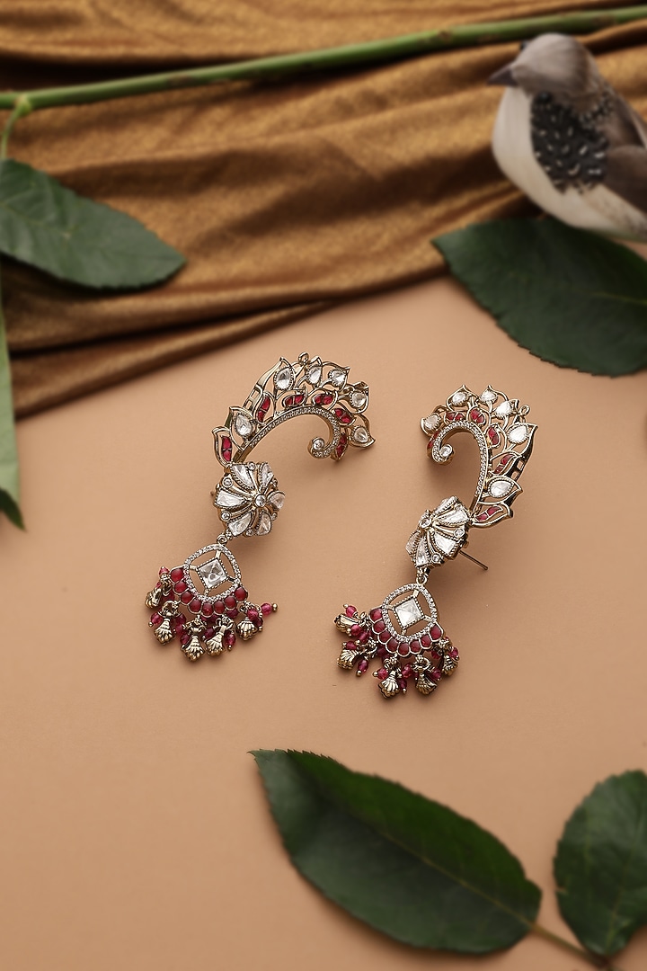 Rose Gold Finish Red Kundan Polki Cuff Earrings by Swabhimann Jewellery at Pernia's Pop Up Shop
