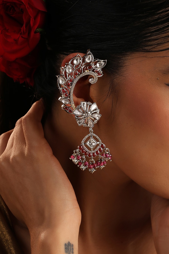 Rose Gold Finish Red Kundan Polki Cuff Earrings by Swabhimann Jewellery at Pernia's Pop Up Shop