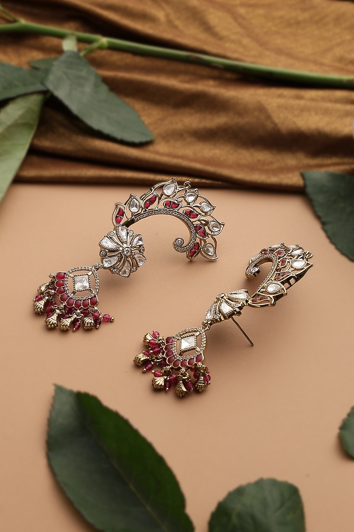 Rose Gold Finish Red Kundan Polki Cuff Earrings by Swabhimann Jewellery at Pernia's Pop Up Shop