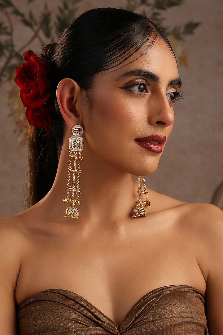 Gold Finish Multi-Colored Jadau Kundan Polki Dangler Earrings by Swabhimann Jewellery at Pernia's Pop Up Shop