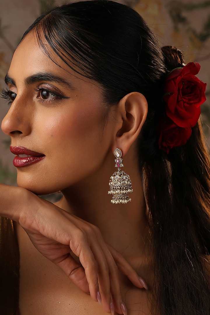 Gold Finish Red Kundan Polki Jhumka Earrings by Swabhimann Jewellery at Pernia's Pop Up Shop