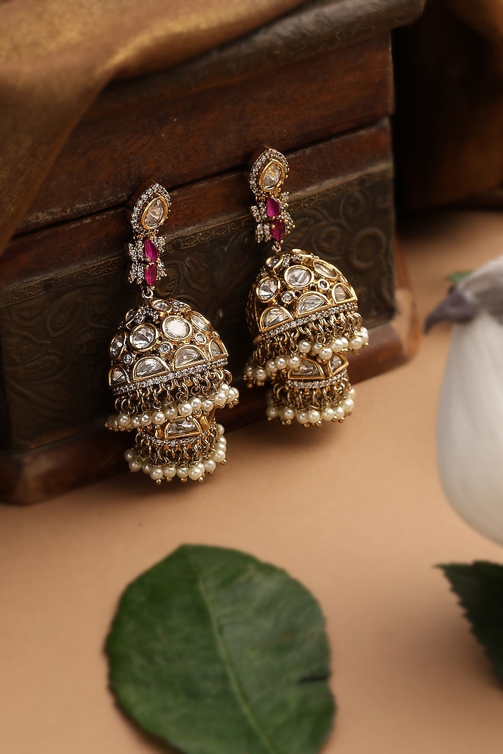 Gold Finish Red Kundan Polki Jhumka Earrings by Swabhimann Jewellery at Pernia's Pop Up Shop