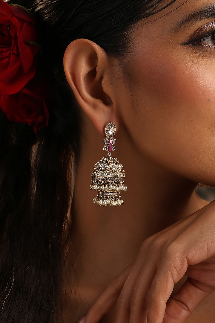 Gold Finish Red Kundan Polki Jhumka Earrings by Swabhimann Jewellery at Pernia's Pop Up Shop