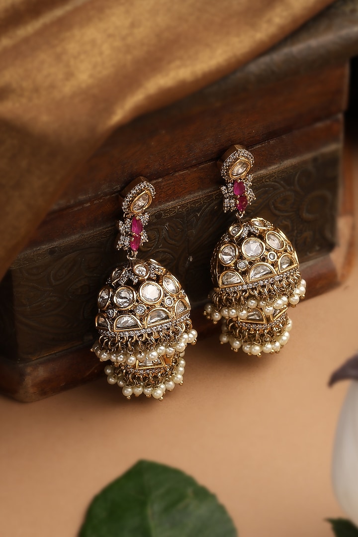 Gold Finish Red Kundan Polki Jhumka Earrings by Swabhimann Jewellery at Pernia's Pop Up Shop