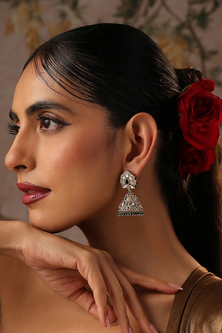 Gold Finish Green Kundan Polki Jhumka Earrings by Swabhimann Jewellery at Pernia's Pop Up Shop
