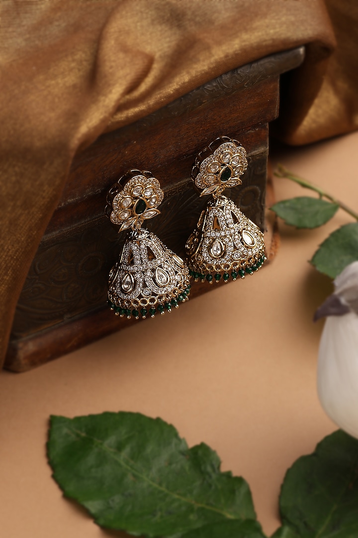 Gold Finish Green Kundan Polki Jhumka Earrings by Swabhimann Jewellery at Pernia's Pop Up Shop