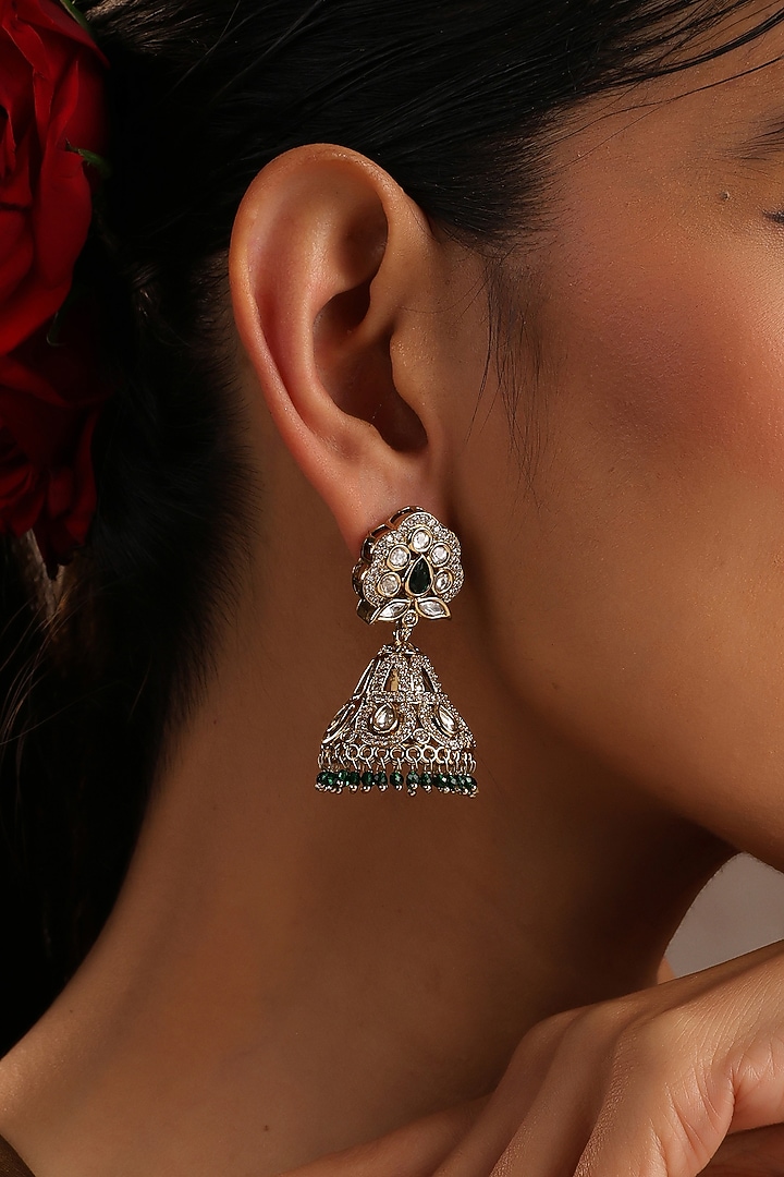 Gold Finish Green Kundan Polki Jhumka Earrings by Swabhimann Jewellery at Pernia's Pop Up Shop