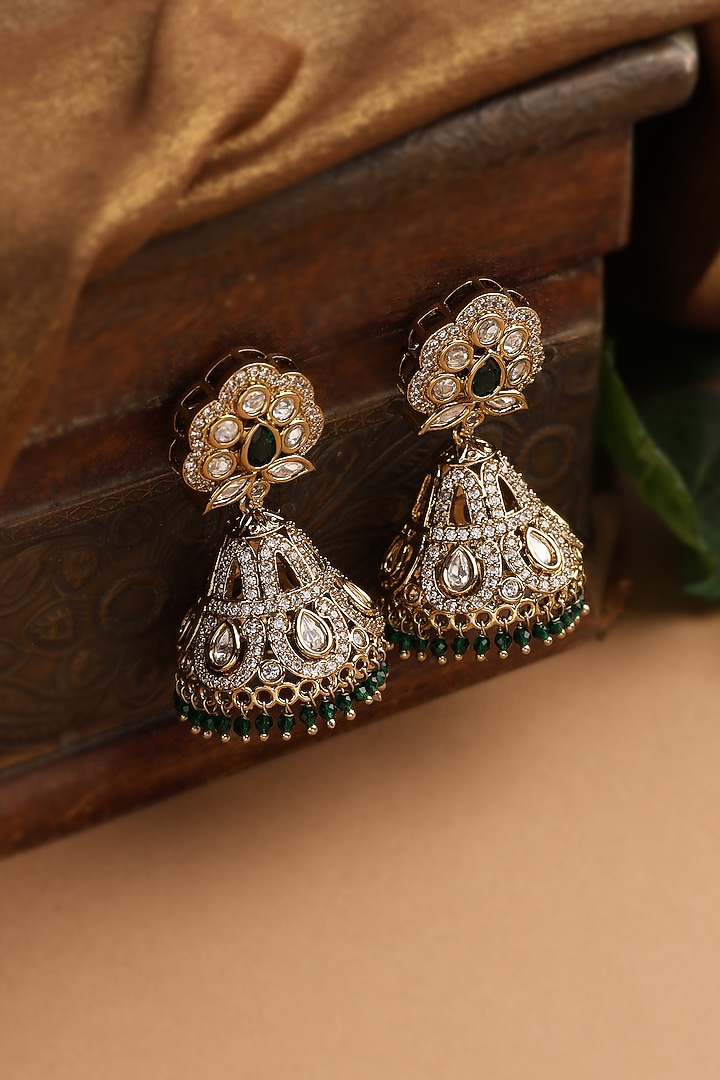 Gold Finish Green Kundan Polki Jhumka Earrings by Swabhimann Jewellery at Pernia's Pop Up Shop