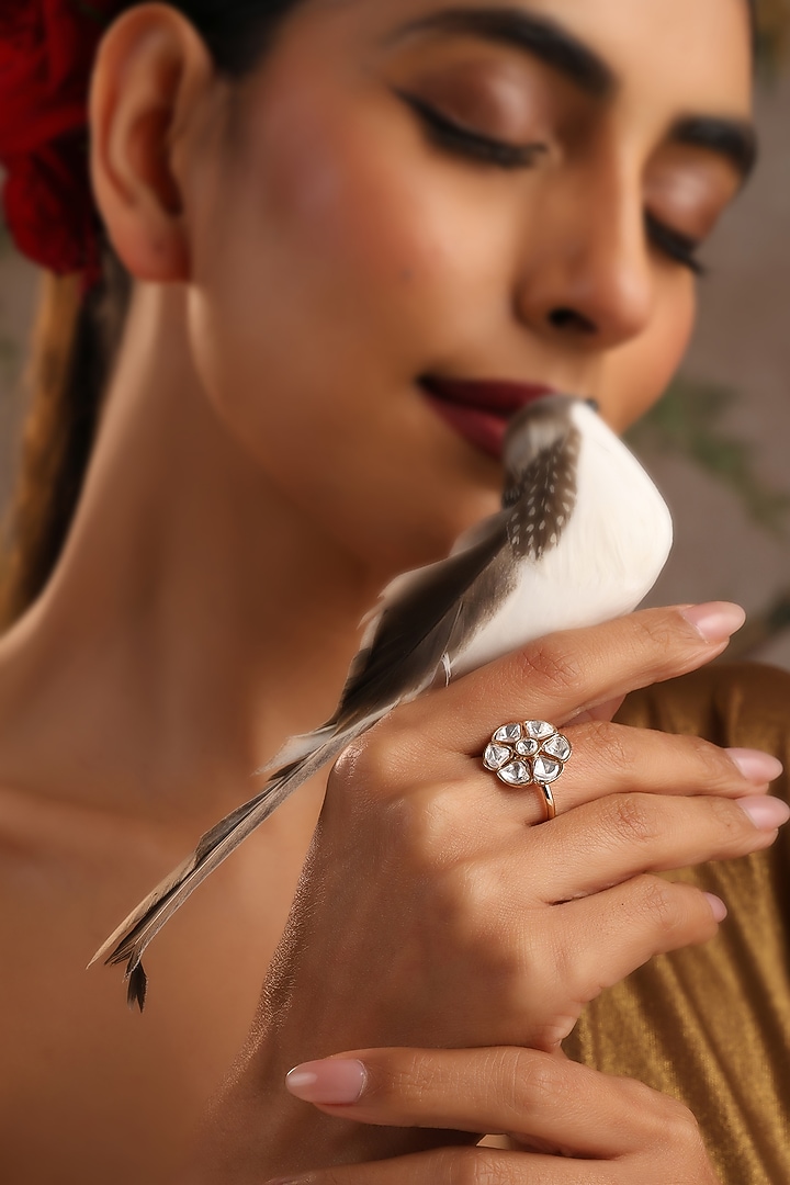 Rose Gold Finish Kundan Polki Adjustable Ring by Swabhimann Jewellery at Pernia's Pop Up Shop