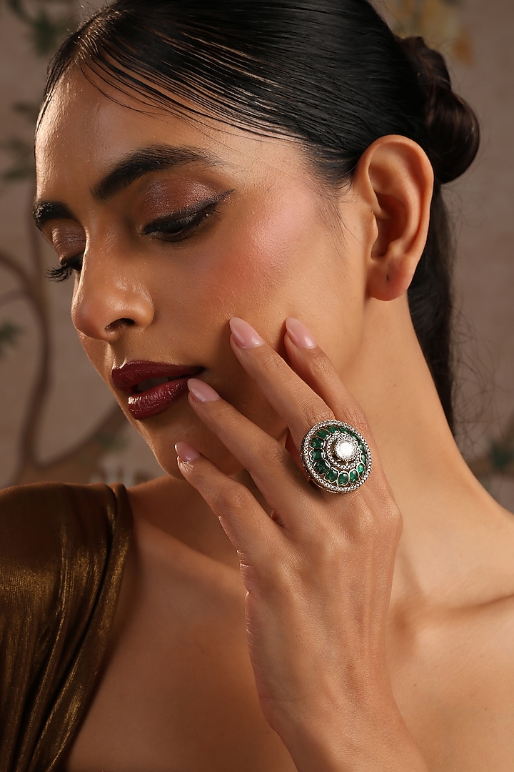 Gold Finish Emerald Kundan Polki Adjustable Ring by Swabhimann Jewellery at Pernia's Pop Up Shop