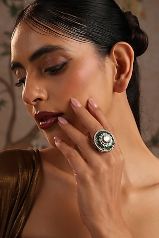 Gold Finish Emerald Kundan Polki Adjustable Ring by Swabhimann Jewellery