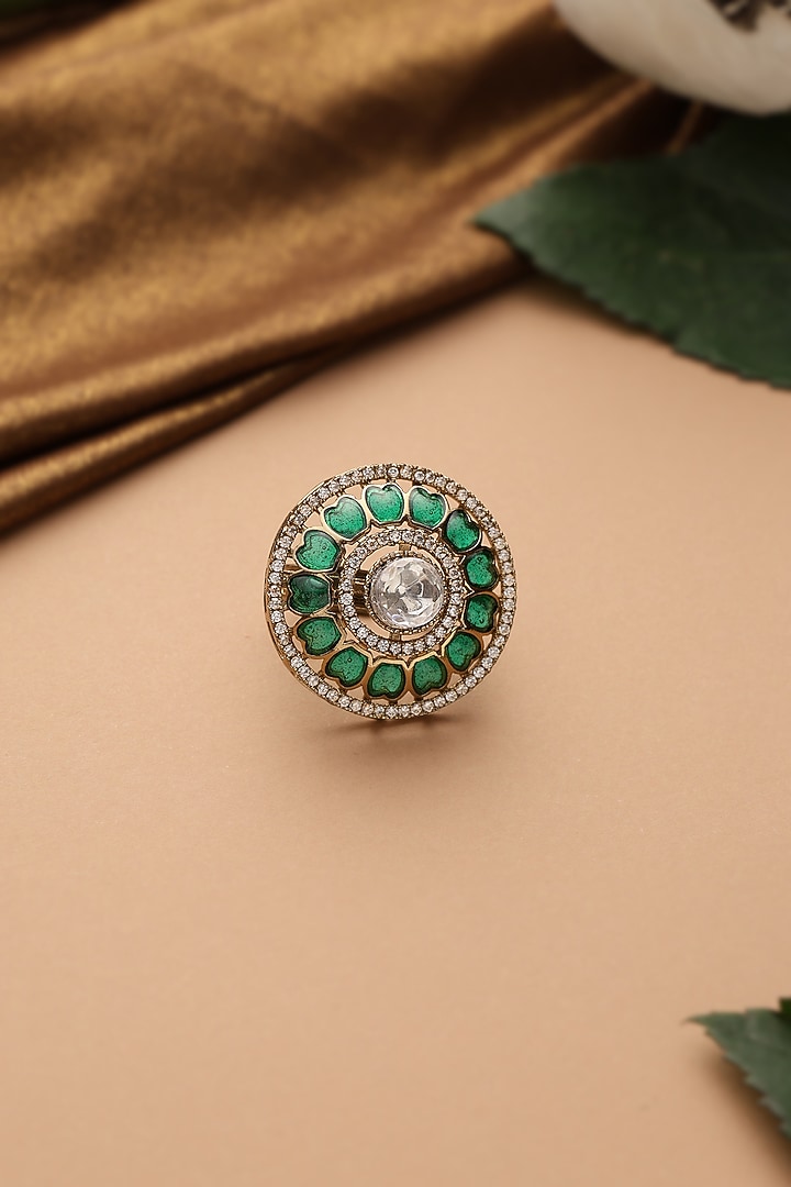 Gold Finish Emerald Kundan Polki Adjustable Ring by Swabhimann Jewellery at Pernia's Pop Up Shop