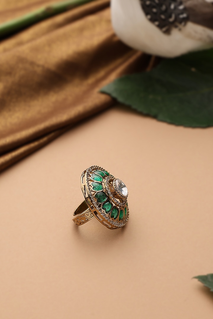 Gold Finish Emerald Kundan Polki Adjustable Ring by Swabhimann Jewellery at Pernia's Pop Up Shop
