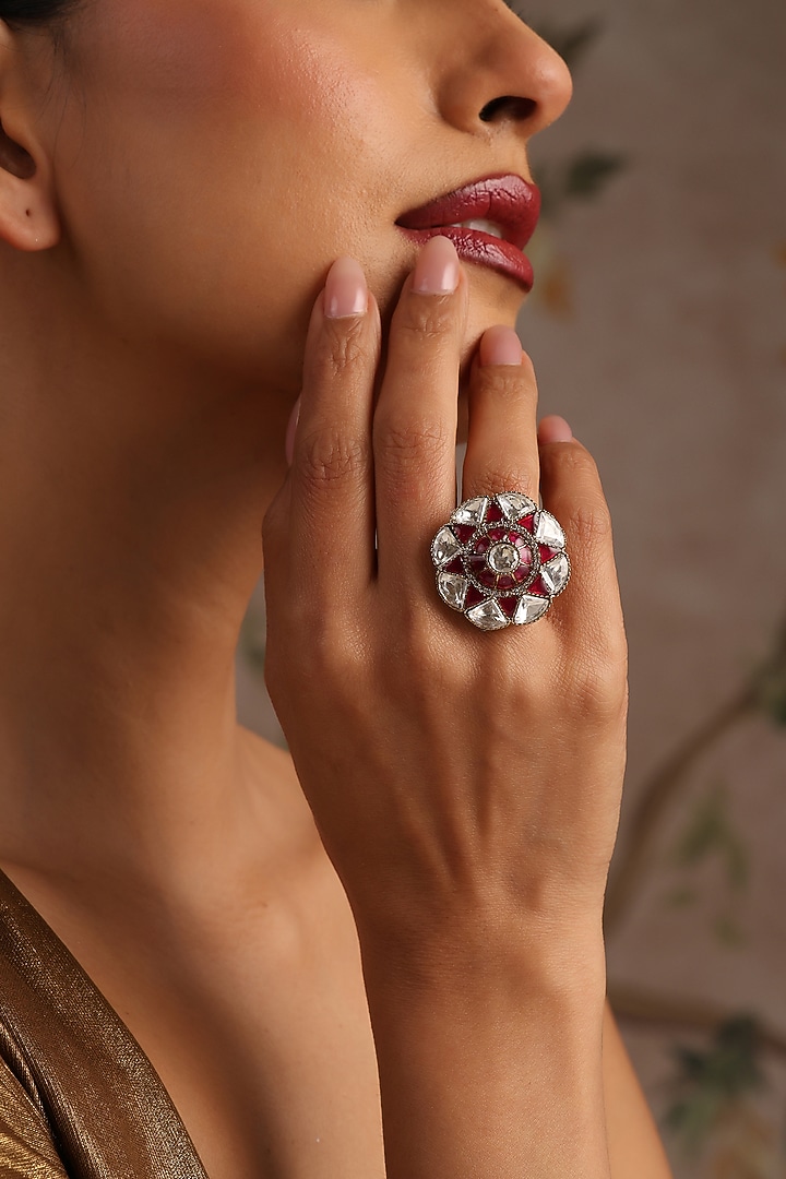 Gold Finish Red Kundan Polki Adjustable Ring by Swabhimann Jewellery at Pernia's Pop Up Shop