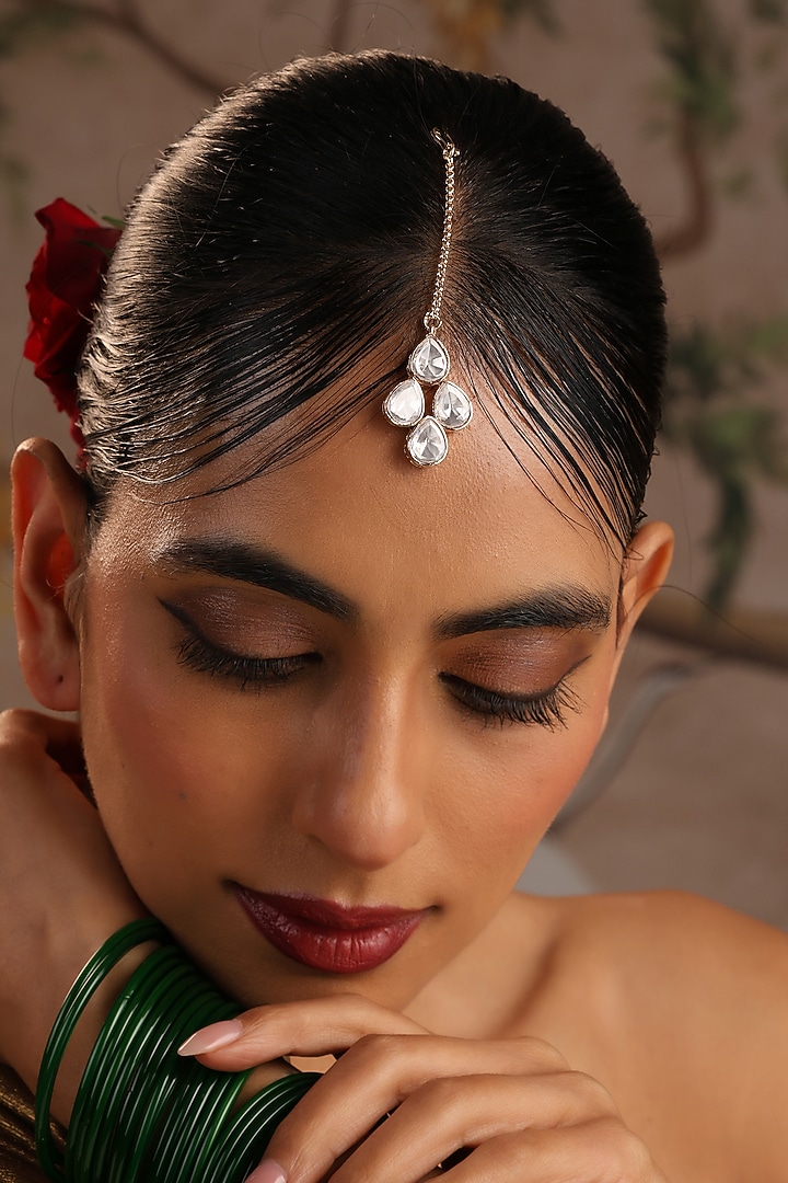 Rose Gold Finish Kundan Polki Maangtikka by Swabhimann Jewellery at Pernia's Pop Up Shop