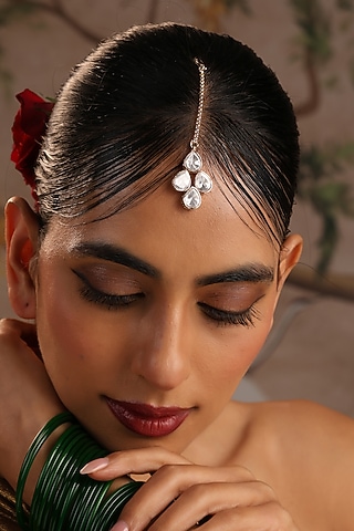 Rose Gold Finish Kundan Polki Maangtikka by Swabhimann Jewellery