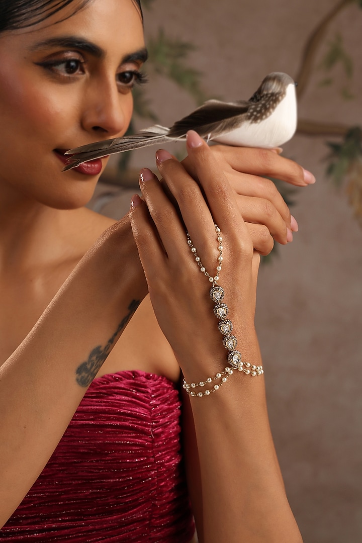 Gold Finish Kundan Polki Hathphool by Swabhimann Jewellery at Pernia's Pop Up Shop