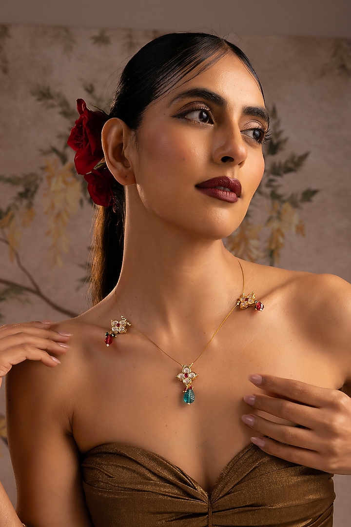 Gold Finish Multi-Colored Kundan Polki Pendant Necklace by Swabhimann Jewellery at Pernia's Pop Up Shop