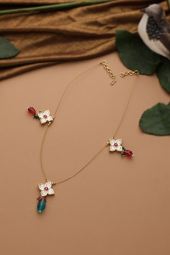 Gold Finish Multi-Colored Kundan Polki Pendant Necklace by Swabhimann Jewellery at Pernia's Pop Up Shop