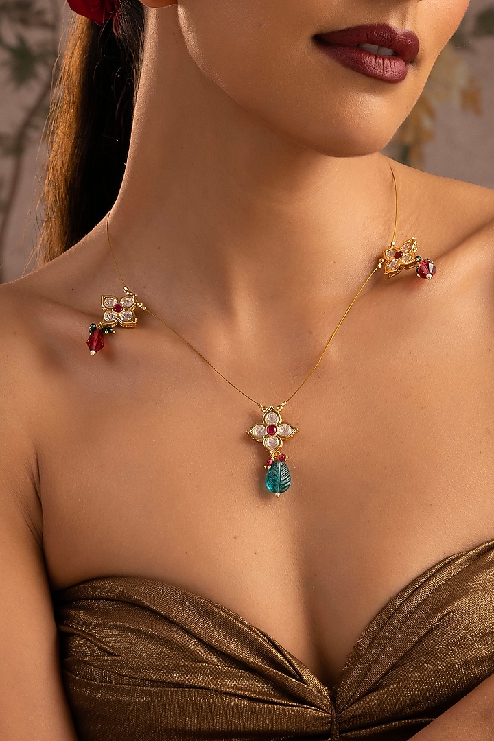 Gold Finish Multi-Colored Kundan Polki Pendant Necklace by Swabhimann Jewellery at Pernia's Pop Up Shop