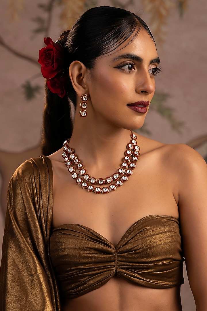 Gold Finish Red Kundan Polki Layered Long Necklace Set by Swabhimann Jewellery at Pernia's Pop Up Shop