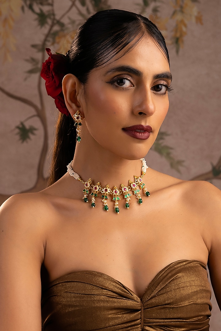 Gold Finish Multi-Colored Jadau Kundan Polki Choker Necklace Set by Swabhimann Jewellery at Pernia's Pop Up Shop