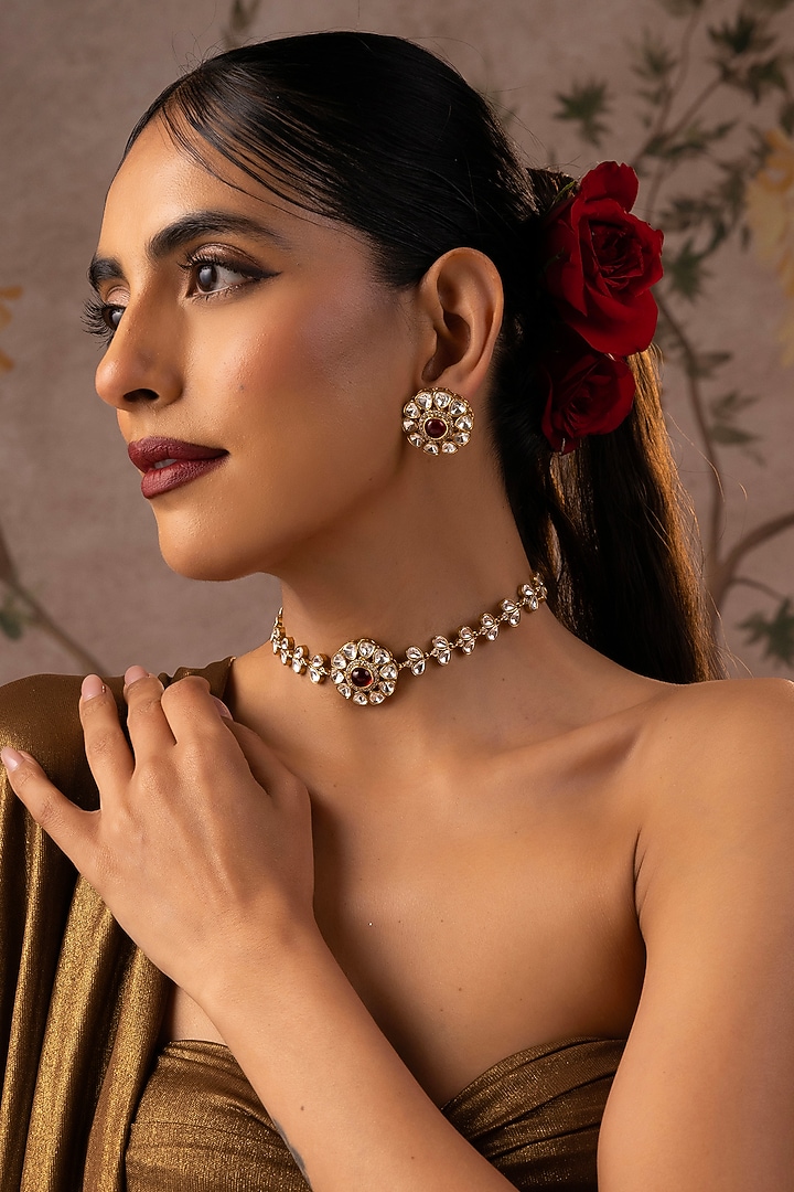 Gold Finish Red Kundan Polki Choker Necklace Set by Swabhimann Jewellery at Pernia's Pop Up Shop