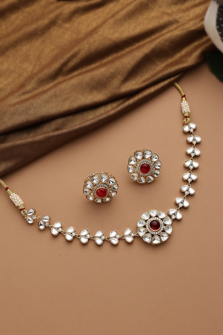 Gold Finish Red Kundan Polki Choker Necklace Set by Swabhimann Jewellery at Pernia's Pop Up Shop